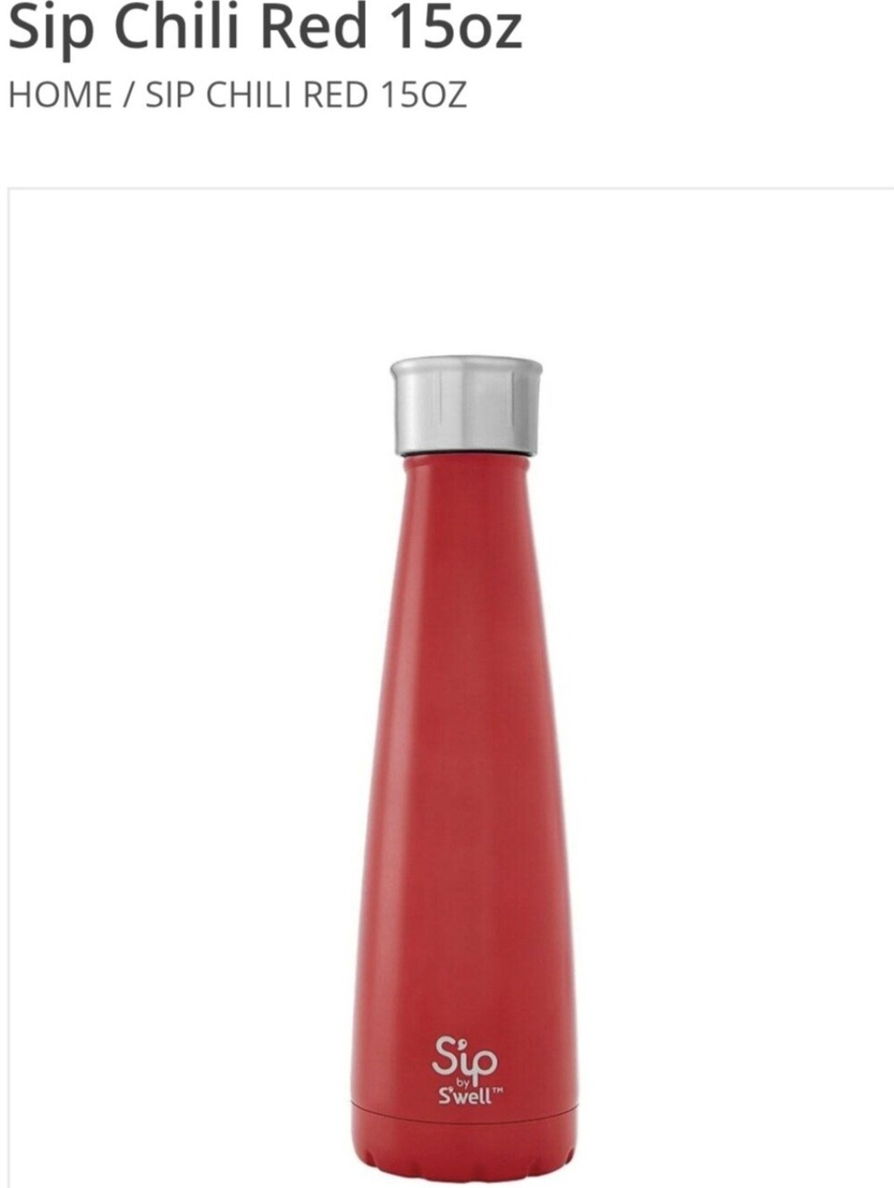 Chili red S'ip by S'well 15 oz stainless steel water bottle